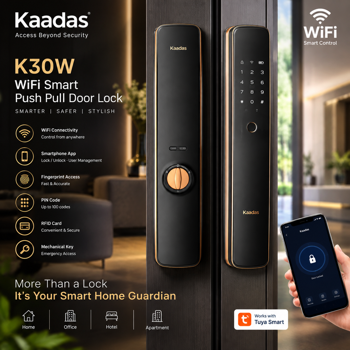 KAADAS K30W WiFi Smart Push Pull Door Lock